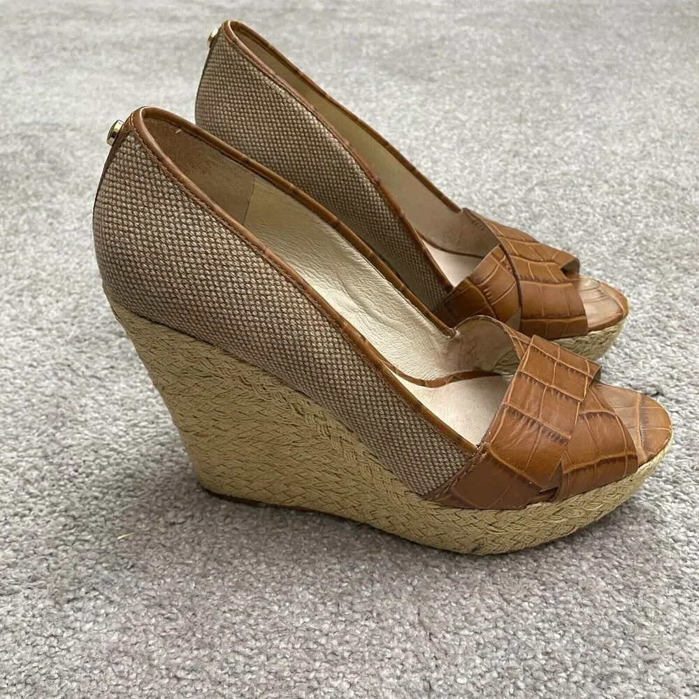 Micheal Michael Kors Peep Toe Espadrille Wedge Sandals Womens 9M Brown Slip On